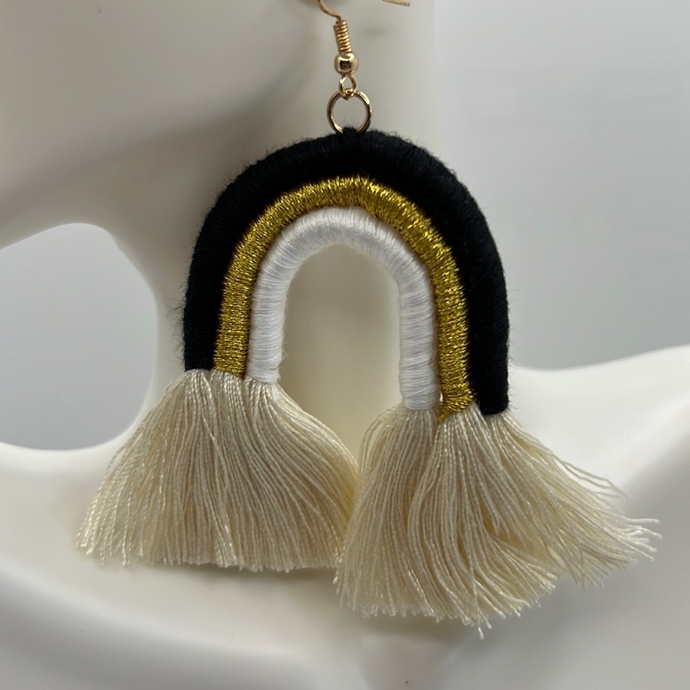 Boho Bow Rainbow U Earring Handmade Tassel NEW Black White Gold Cream - Picture 2 of 3